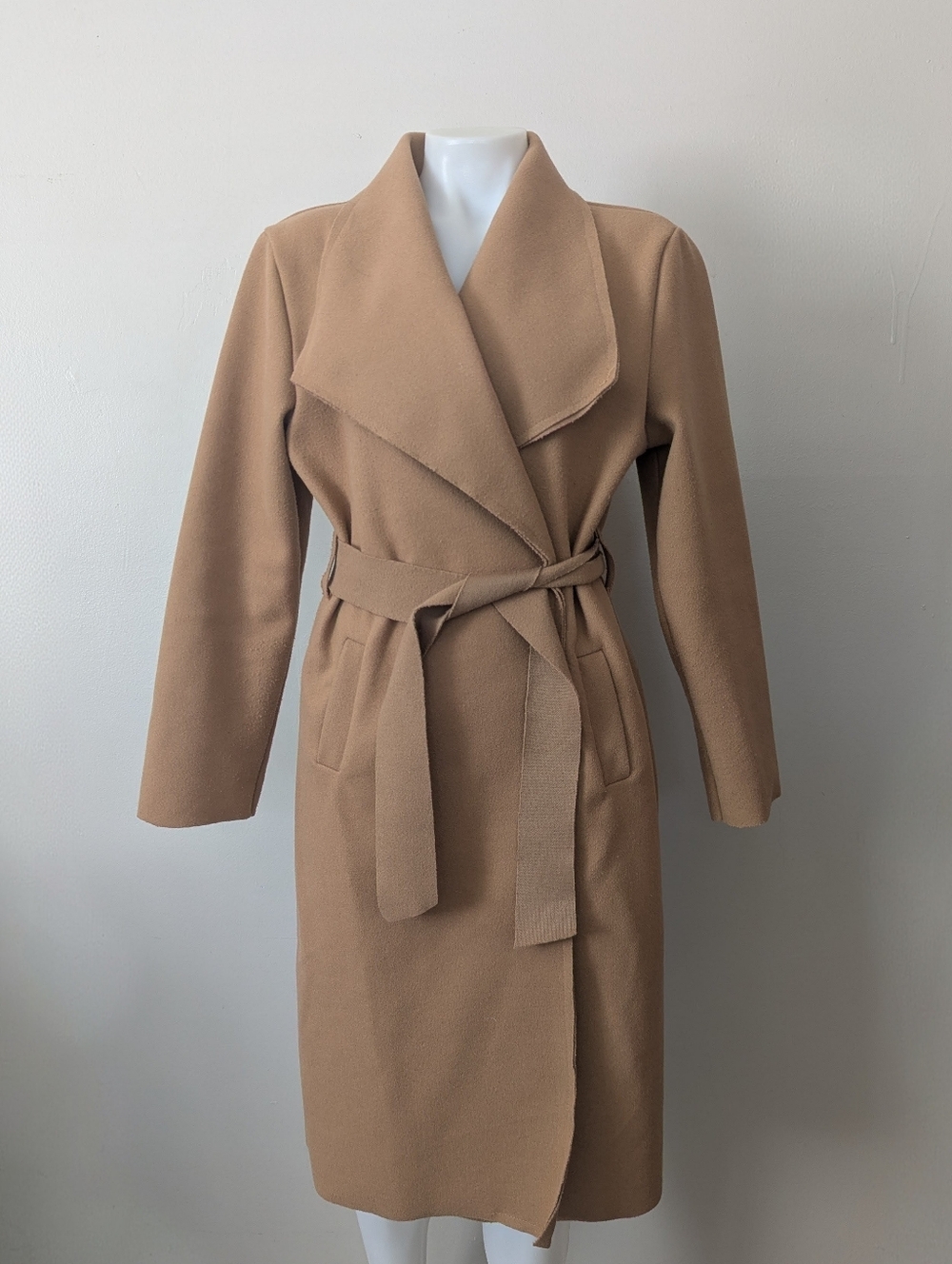 Italian Tan Camel Double Faced Collar Wrap Coat Jacket With Belt Raw Edges